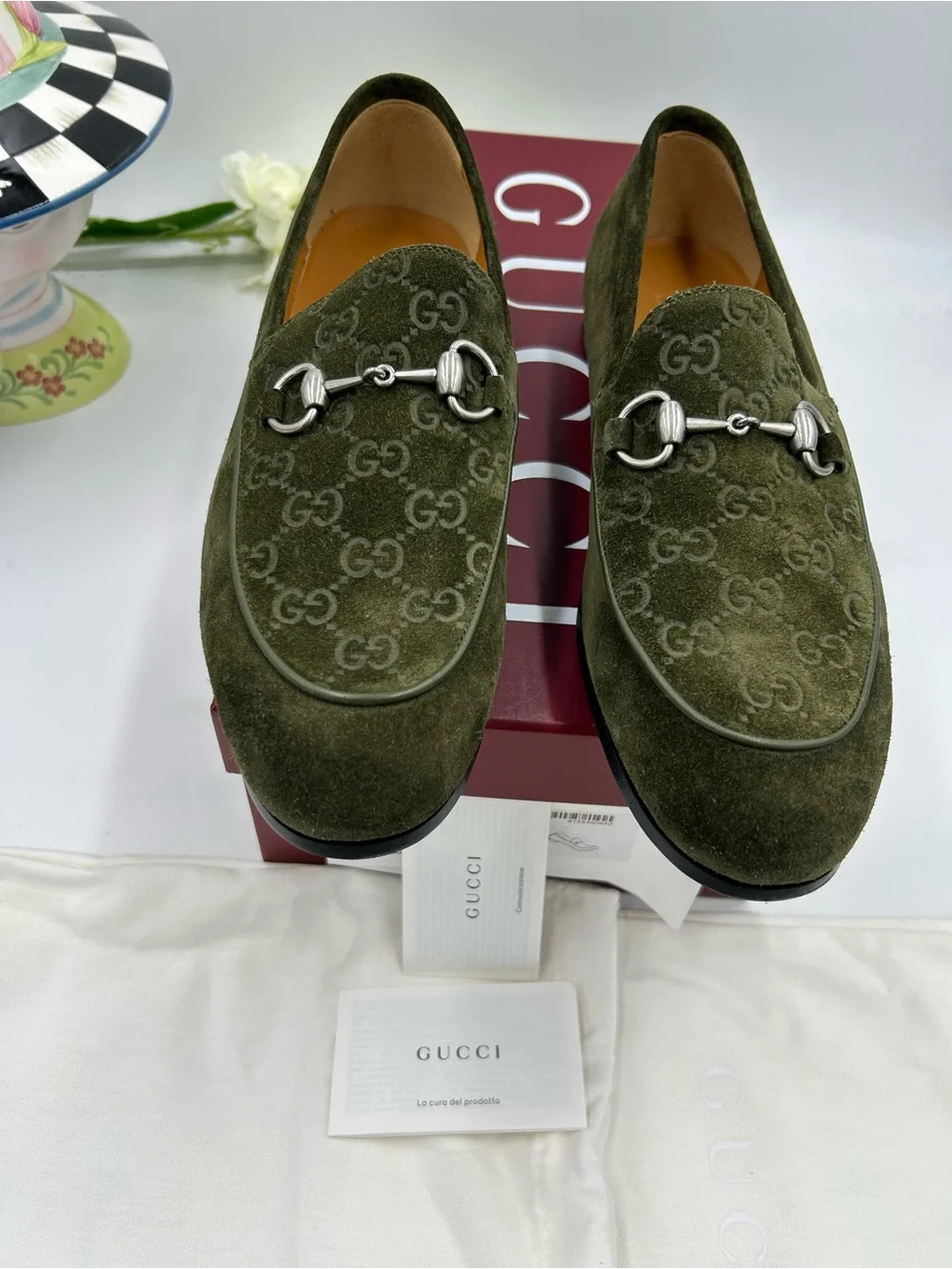 Men's Gucci horse bit GG embossed suede loafers size 8 fits nine US made Italy